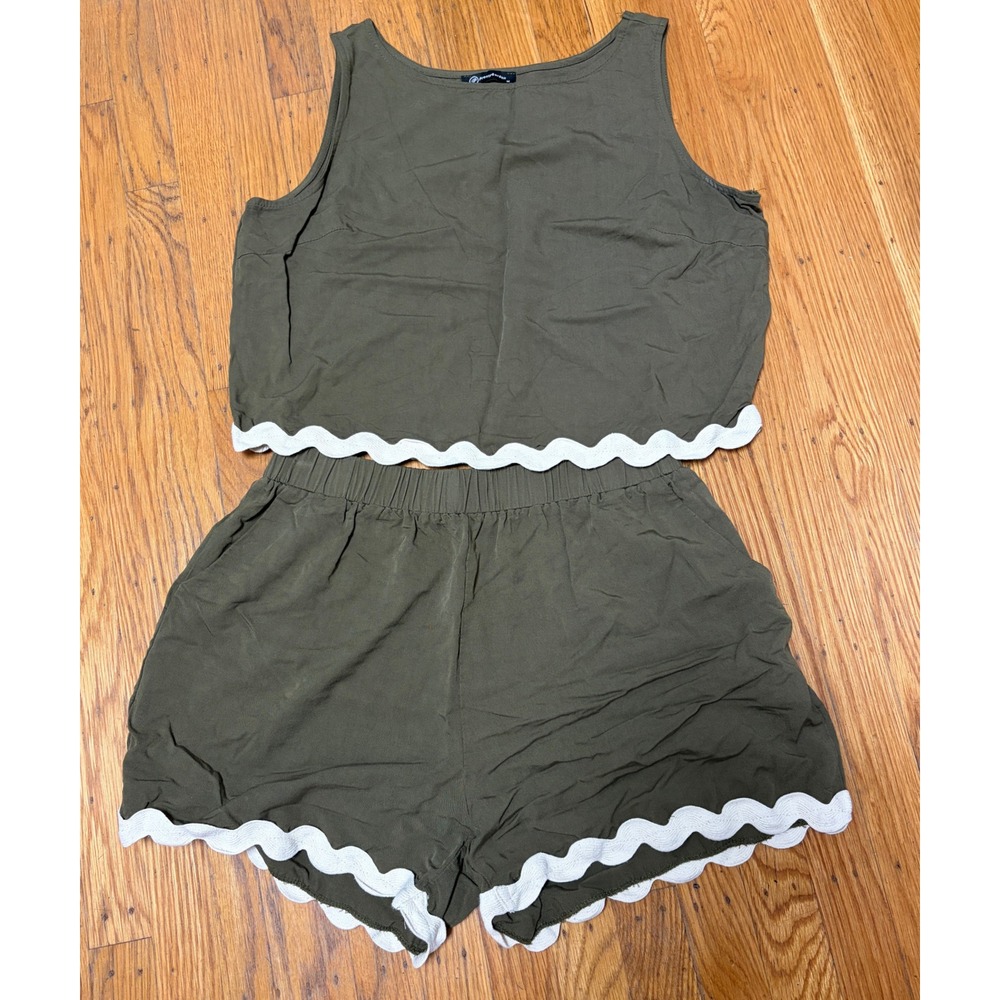 PrettyGarden Womens Olive Green Scalloped Ric Rac Tank Top and Shorts Set Size M